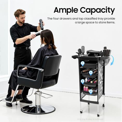Friseurwagen, Salon Rollwagen mit 4 Ausziehbaren Schubladen, Arbeitswagen Rollwagen, Salonwagen mit Rädern, für Stylist Friseur Haarstyling SPA Schwarz (1/5)