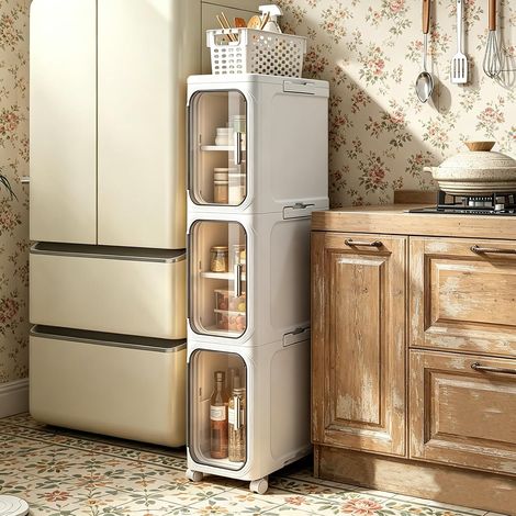 Meuble de Rangement Pliable 3 Niveaux Ultra-Mince Étanche, Armoire Autoportante avec Porte Magnétique, Étagères Amovibles et Roulettes à Verrou pour Petits Espaces Salle de Bain Cuisine (1/5)