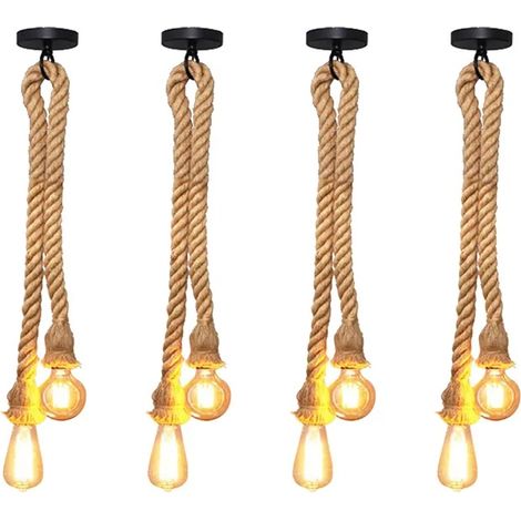 4pcs Lustre Vintage Salon,E27 Suspension Luminaire en Corde de Chanvre 2M Retro Lampe de Plafond Style Industriel pour Chambre (1/5)