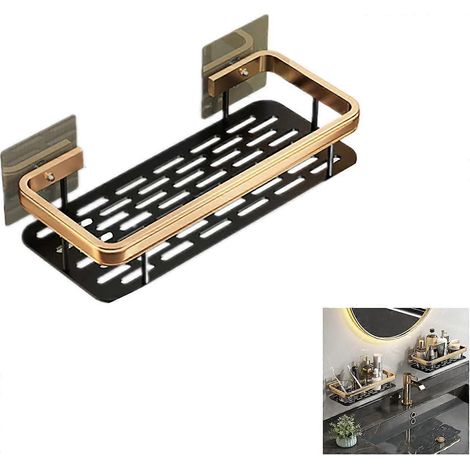 Panier de douche assorti sans perçage, panier de douche pour cuisine et douche, panier de douche sans perçage (panier carré simple couche noir et or) (1/5)