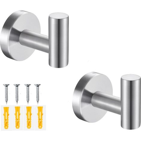 Juego de 2 ganchos para toallas de baño - Ganchos de pared para atornillar, aptos para azulejos de baños, cocinas, hoteles y piscinas, así como para paredes de ladrillo (Plata) (1/5)