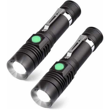 Lot de 2 Lampes Torches LED Rechargeables USB 600 Lumens Étanches IP65 Zoomables 4 Modes pour Camping Randonnée Urgence