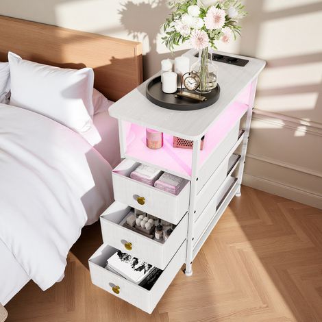 Mesita de noche con 3 cajones - Retro - Mesita de noche 60 x 30 x 62 cm - Con USB y LED - Estrecha - MDF - Multifunción - Blanca (1/5)