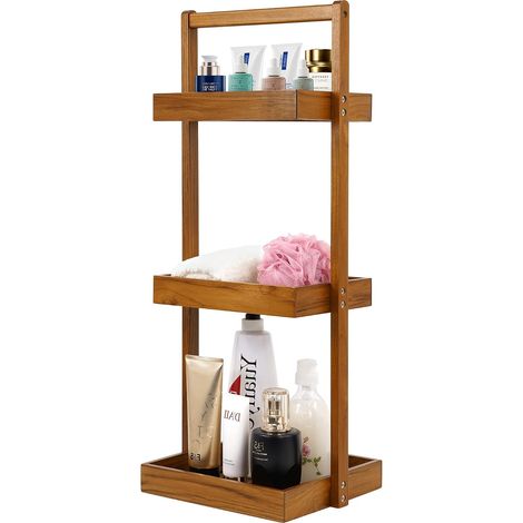 Étagère de douche en teck, organiseur de douche sur pied pour salle de bain, étagère autoportante en bois pour douche, baignoire, bureau, 3 niveaux (1/5)