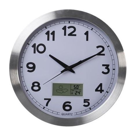 Perel Horloge murale 35 cm analogique avec affichage LCD température et humidité, cadran clair, thermomètre hygromètre et station météo, cadre aluminium argenté, salon cuisine bureau salle d’attente (1/8)