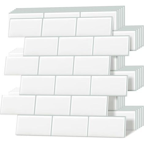 Carreaux adhésifs épais, carreaux muraux auto-adhésifs, crédence de cuisine style métro, blancs, 10 feuilles (1/5)