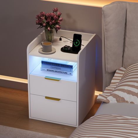 Table de Chevet Blanche 40x40x60 cm avec Prises USB-C et LED RGB, Table de Nuit 2 Tiroirs et Rangement Caché, pour Chambre (1/5)