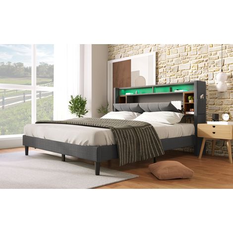 Polsterbett 160x200 cm mit Stauraum im Kopfteil, USB, Steckdosen und LED, Grau (1/5)