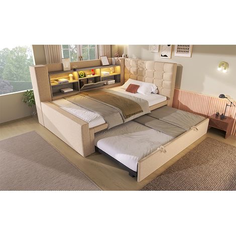 Cama nido tapizada en lino y metal beige 90x200 cm con cama extra, LED, USB y almacenaje