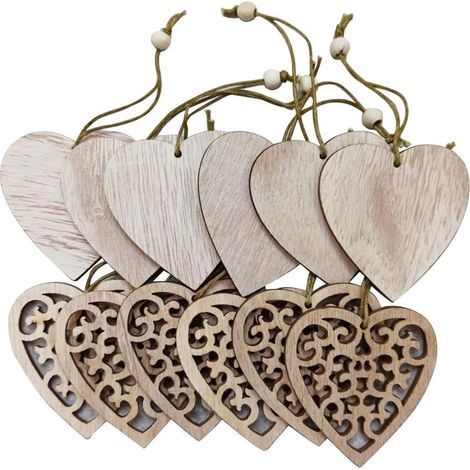 Ensemble de 12 décorations de sapin de Noël en bois Décoration de pendentif de Noël pour Noël (coeur d'amour)-Fei Yu