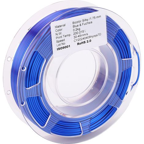 Filament PLA bicolore bleu et rouge violacé, 1,75 mm, 200 g, aspect soie, pour imprimante 3D (1/5)
