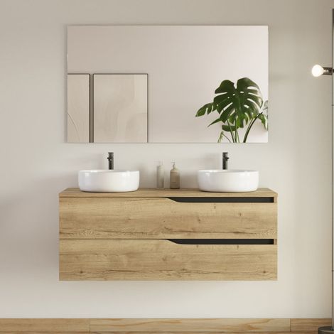 Meuble de salle de bain 120cm avec plateau et 2 vasques à poser Ares - 2 tiroirs - madera miel (bois clair) - LUNA (1/5)