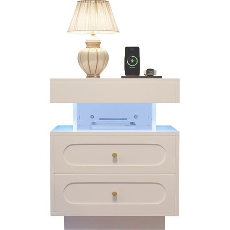 Table de chevet avec éclairage LED, 2 tiroirs et 1 niche ouverte, blanc, 50×40×60 cm