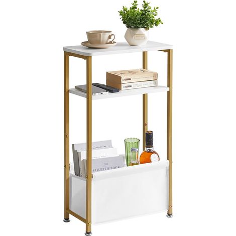 Table d’Appoint étroite, Table de Chevet Fine avec Panier de Rangement en Tissu, Bout de Canapé pour Petit Espace, 40 x 20 x 66 cm pour Salon, Chambre, Bureau, Blanche YD-ST002J (1/5)