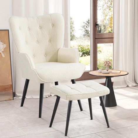 Ohrensessel mit Hocker aus Bouclé, Weiß, Relaxsessel mit Fußstütze (1/5)