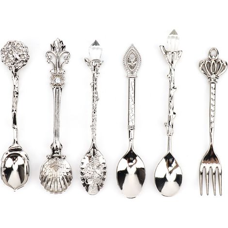 Ensemble de 6 couverts vintage en alliage de zinc, design rétro innovant pour accessoires de cuisine argentés (manche couronne)