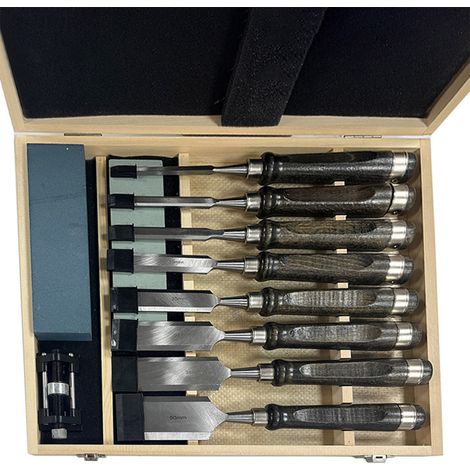 Lot de 8 ciseaux à bois, livré dans un coffret de rangement en bois, avec des manches confortables en noyer noir  le lot comprend 2 pierres à aiguiser et un guide d'affûtage (1/5)