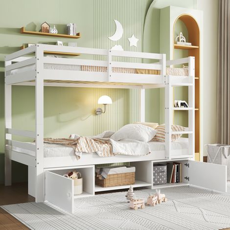 Etagenbett Massivholz+MDF Weiß 90x200 cm, teilbar in 2 Einzelbetten, mit Regal und Schuhfächern