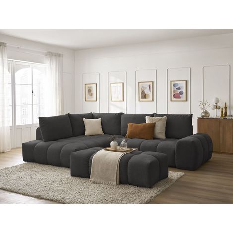 BOBOCHIC - Canapé d'angle L convertible coffre EVEREST tissu texturé avec pouf Angle gauche Noir (1/5)