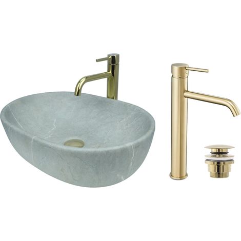 GTM Design Aufsatzwaschbecken 48 cm Matt Set mit Waschtischbatterie und Stopfen - Aufsatzwaschbecken Oval für Badezimmer - Modernes Waschbecken ohne Hahnloch - Waschbecken mit Armature (1/5)