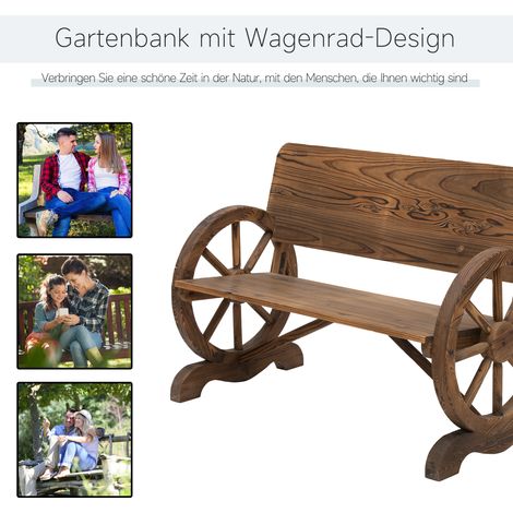 Banque de jardin 2 places en bois massif avec accoudoirs, design roues de chariot, mobilier extérieur robuste supportant 250kg, banc rustique brun, 114x58x80 cm (1/5)