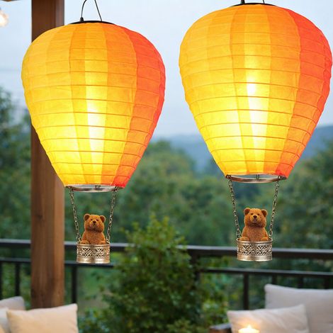 LED Solarlampe Heißluftballon Gartendeko Flammeneffekt Bär Terrassenlampe Außenlampe, Metall mehrfarbig, warmweiß, DxH 27x44 cm, 2er Set