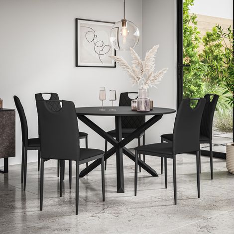 Malvern Round Dining Table And Chairs -  Black Table Top w Solid Oak Black Legs + Monza Faux Leather Dining Chair Set Of 6 (Black) (1/5)