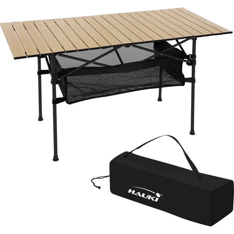 Hauki Campingtisch faltbar Beige, 118 x 55 x 64,5 cm, Aluminium Klapptisch, Aufrollbare Tischplatte, Falttisch klappbar, Gartentisch Balkontisch Reisetisch Rolltisch Markttisch inkl. Tragetasche