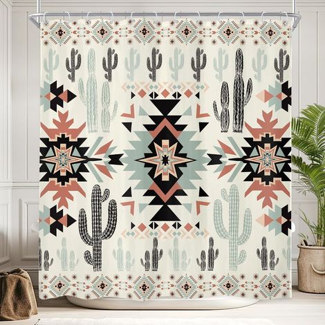 Rideau de douche aztèque occidental cactus 152x183 cm style sud-ouest bohème tribal géométrique ethnique ensemble de rideau de douche pour salle de bain décoration de bain native américaine (1/5)