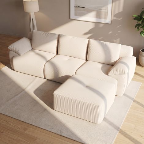 Divano dritto modulare 3 posti con pouf - 264x95x71 cm - velluto a coste moderno antigraffio per animali - beige (1/5)