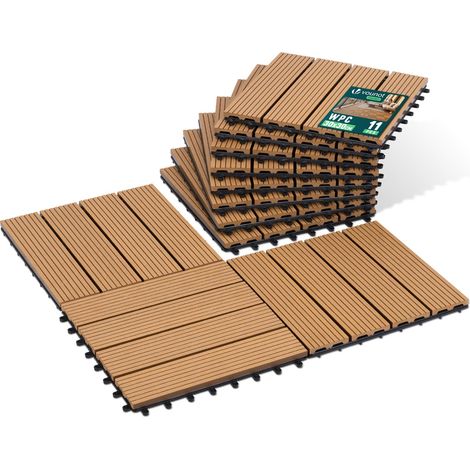 Lot de 11 Dalles Clipsables WPC 30x30 cm Caillebotis de Terrasse Antidérapants et Drainants Dalles de Sol Découpables Résistantes à l’Eau pour Balcon Jardin Patio Piscine Couleur Bois (1/5)
