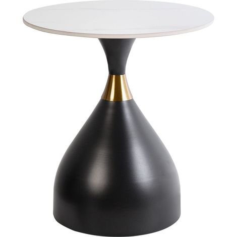 Tavolino Piano in pietra sinterizzata Bianco effetto naturale Base in metallo nero Accento oro Design moderno ø 50 cm Ituna