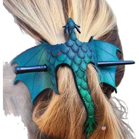 New Medieval dragon hairpin, a retro-style updo hair accessory in peacock green.