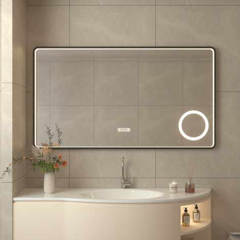 Miroir LED Bluetooth Salle de Bain 100 x 60cm, Miroir avec Une Loupe 3X, 3 Couleurs Lumière, Mémoire, Dimmable, Interrupteur Tactile, Verre Trempé HD (1/5)