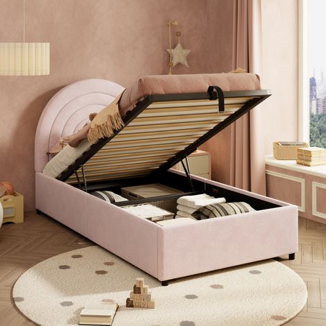 Lit coffre pour enfant 90x200 cm avec hydraulique, tête de lit, en velours, rose, sans matelas (1/5)