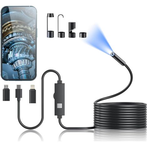 Caméra endoscopique avec éclairage, endoscope HD 1920p avec 8 LED réglables, caméra tubulaire semi-rigide de 5 m (16,4 pi), caméra d'inspection étanche IP67 de 7,9 mm (1/5)