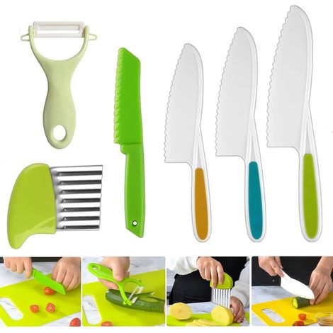 Set di coltelli per bambini da 6 pezzi, utensile da cucina per tagliare e cucinare frutta o verdura, kit da cucina per bambini facile da pulire con pelapatate e coltello ondulato (1/5)