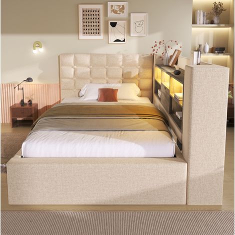 Cama tapizada 90x200 cm beige de lino, cabecero en L, LED, USB y almacenamiento hidráulico
