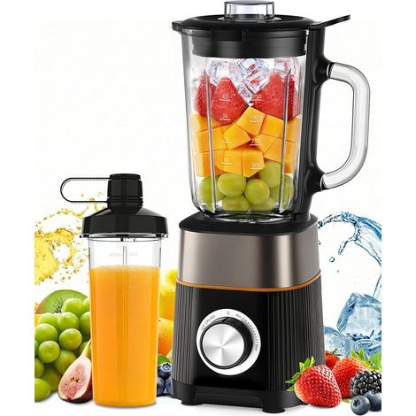 Blender, Mixeur 1000W, Blender Smoothie 2 en 1, Bol en Verre 1.5L Bouteille Portable 600ml Sans BPA, Lames Inox 304 pour Glace, Auto-nettoyant, Réglage Continu Vitesse (1/5)
