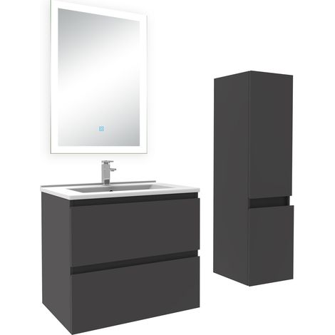 Ocean Ensemble meuble Salle de Bain 60cm avec vasque et colonne et miroir lumineux 3 couleurs anthracite