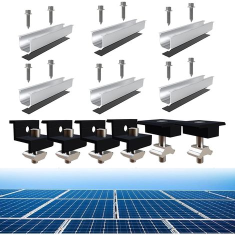 6 Pièces 12cm Rail Panneau Solaire avec 4 pinces 30 à 35 mm Réglables D'Extrémité Support Panneau Solaire Sol pour Tous Types de Toitures Plates et Trapézoïdales