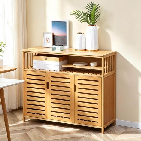 Aparador de bambú natural 100 x 35 x 82 cm con puertas de lamas OKMYHOME (1/5)