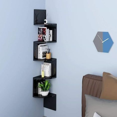 Etagère d'angle - Meuble de Rangement Suspendu en Bois - Noir - 20x20x123cm (1/4)