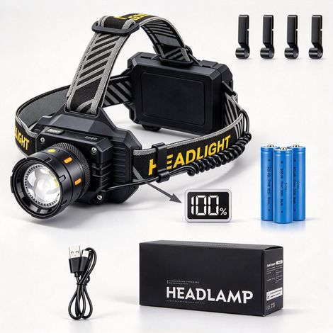 Lampe Frontale de Travail LED 10 000 Lumens Rechargeable USB-C – Batterie 10 000 mAh, 4 Modes, Faisceau Orientable 90°, IP65 – Éclairage pour Bricolage, Réparation, Atelier, Garage et Chantier