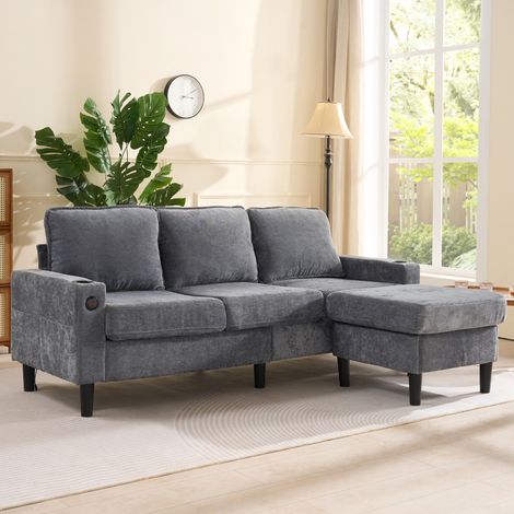 L-förmiges Sofa Grau, 3-Sitzer Couch mit USB Anschluss und Getränkehaltern, Leinenbezug, 202x137x80 cm (1/5)