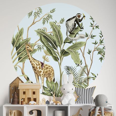 Sticker mural rond / cercle Enfants - Jungle Animaux - Diamètre 30 cm - Adhésif MAT (1/2)