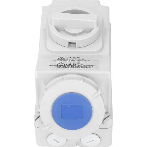 Prise étanche extérieure 32A avec interrupteur verrouillable, connecteur 3 broches 220-250V, indice IP67, modèle 2P+T bleu, fixation murale, boîtier étanche pour usage industriel et jardin. (1/5)