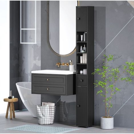 Mobile bagno slim 20x20x180 cm nero in legno con 2 armadietti, cassetto e 4 ripiani (1/5)