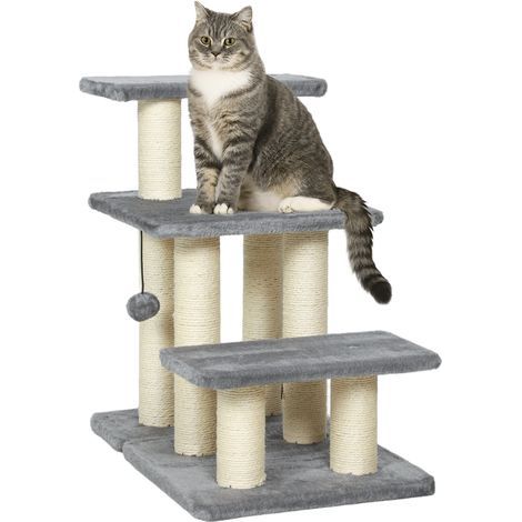 Escalier pour animaux domestiques réglable 3 marches échelle pour chat chien griffoirs en sisal balle 52x34,5x54cm gris (1/5)