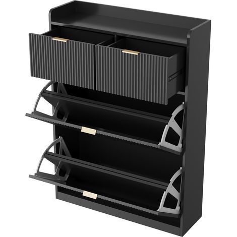 Meuble à chaussures 80 x 24 x 110 cm, Armoire à Chaussures étroite, shoe rack, armoire a chaussures, pour Couloir et entrée, avec 2 tiroirs à couvercle rabattable + 2 tiroirs coulissants, Noir (1/5)
